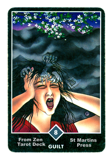 zen tarot card guilt-picture of a womon in agony with demonic claws terring her hair out.